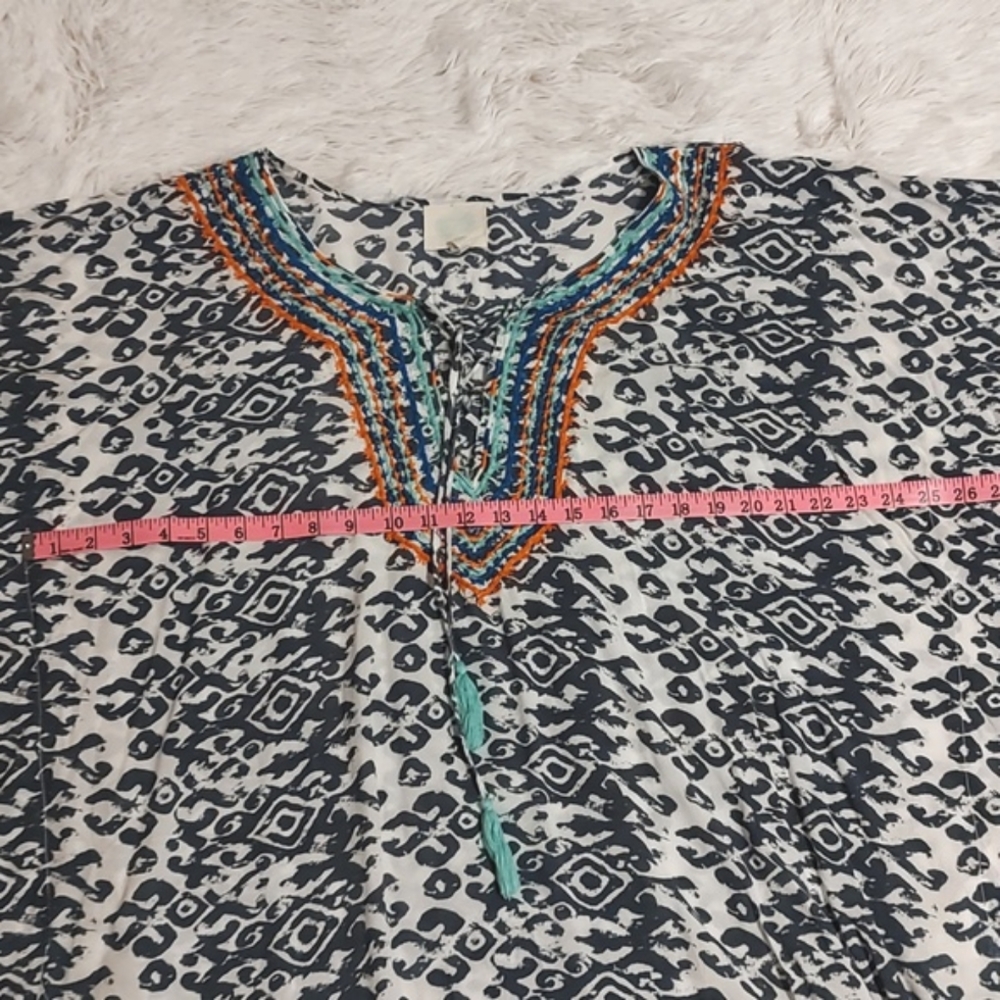 ZL Europe Boho Ikat Kimono Blouse Blue White Embroidered Lace-Up Tassels OS/2X - Picture 9 of 13